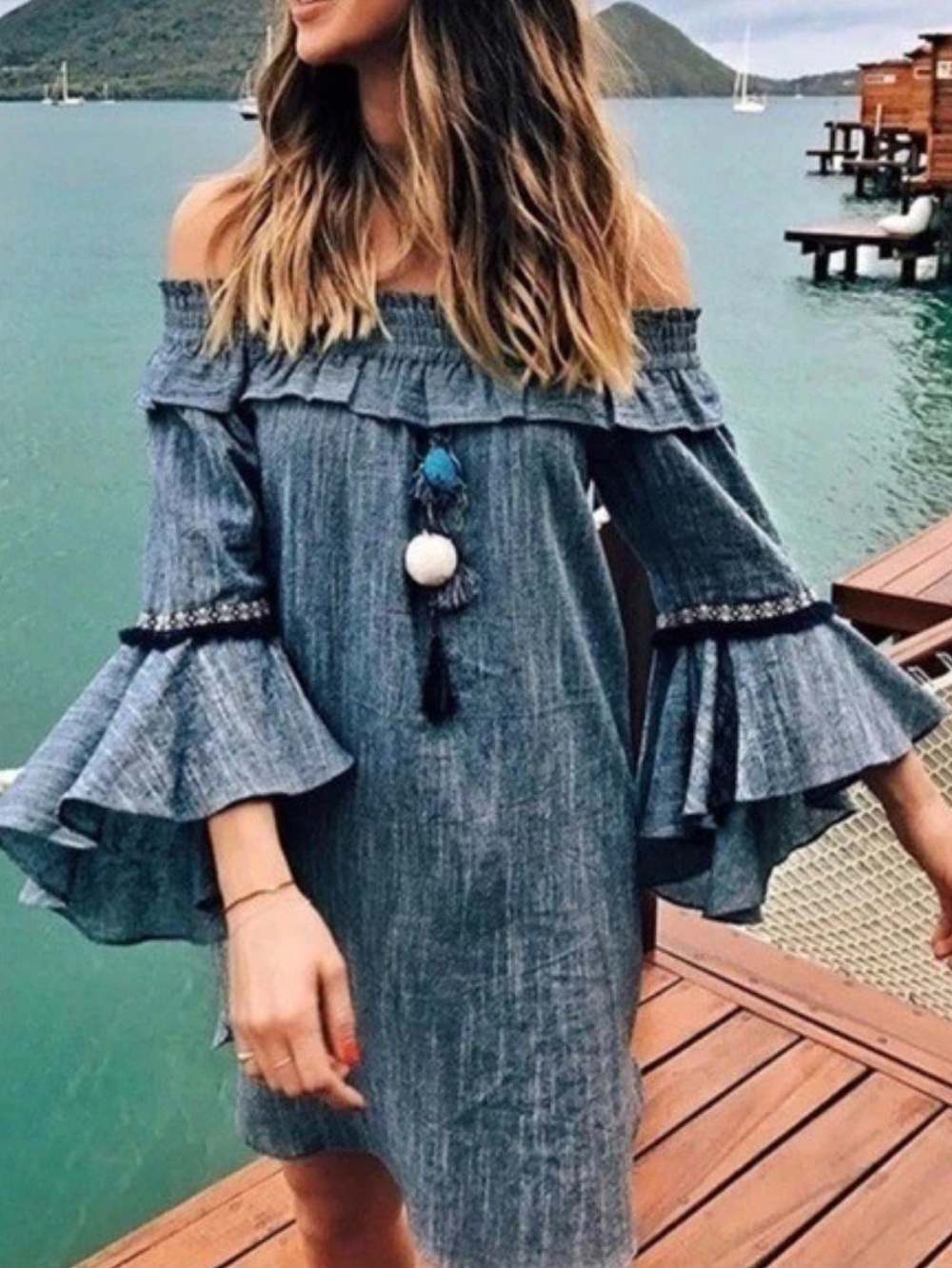 MISA Los Angeles Vanessa Dress Off-the-Shoulder Blue Stripe Bell Sleeve Size XS